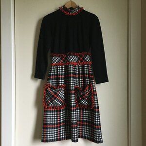 Vintage 70s Shady Lane Plaid Mock Neck Dress Fringed Mod Jonathan Logan